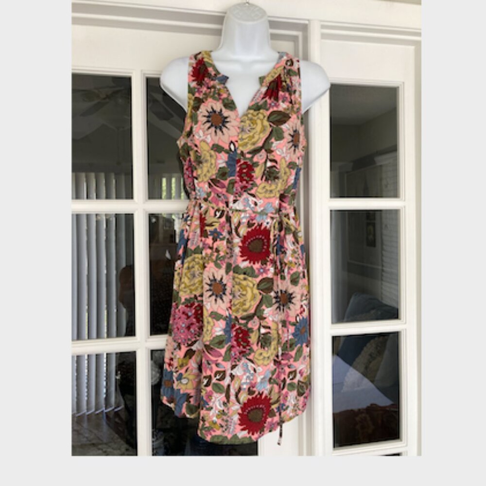 LOFT  Burgundy Coral Olive Green Floral Sleeveless V Neck Dress Small Petite